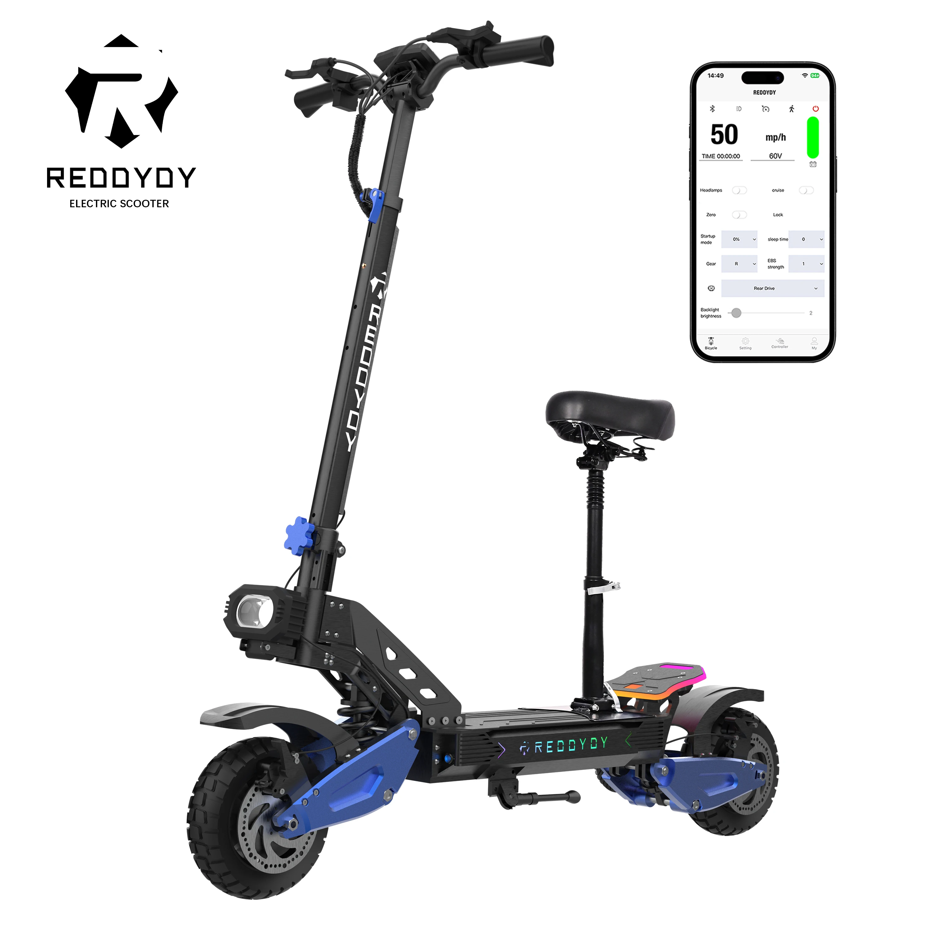 

Электросамокат RD2 для взрослых, максимальная скорость 50 миль/ч, 60В 25Ач, запас хода 55 миль, внедорожные шины 10,5 дюймов, управление через приложение Folk Smart.