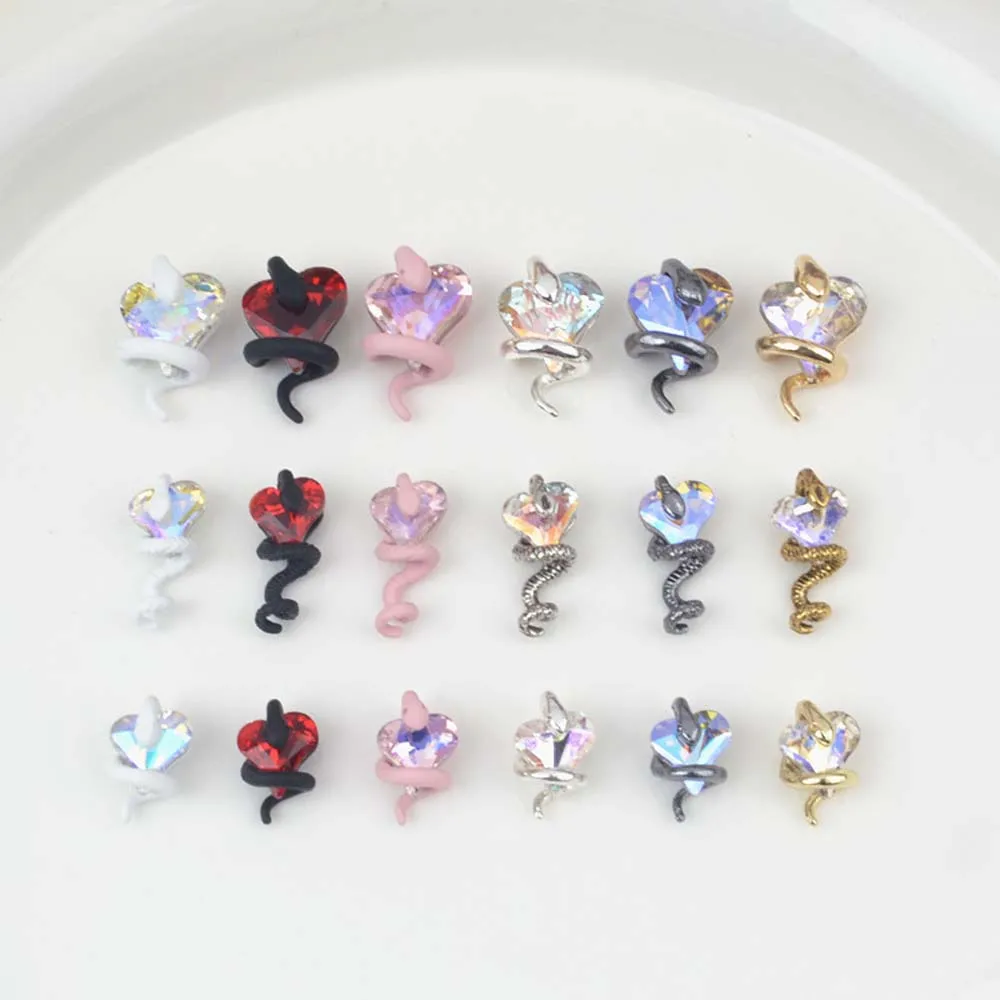 10Pcs Snake Hover Crooked Heart Nail Art Charms 3D Alloy Snake Twists Around Crystal Nail Decoration Luxury DIY Nail Accessories