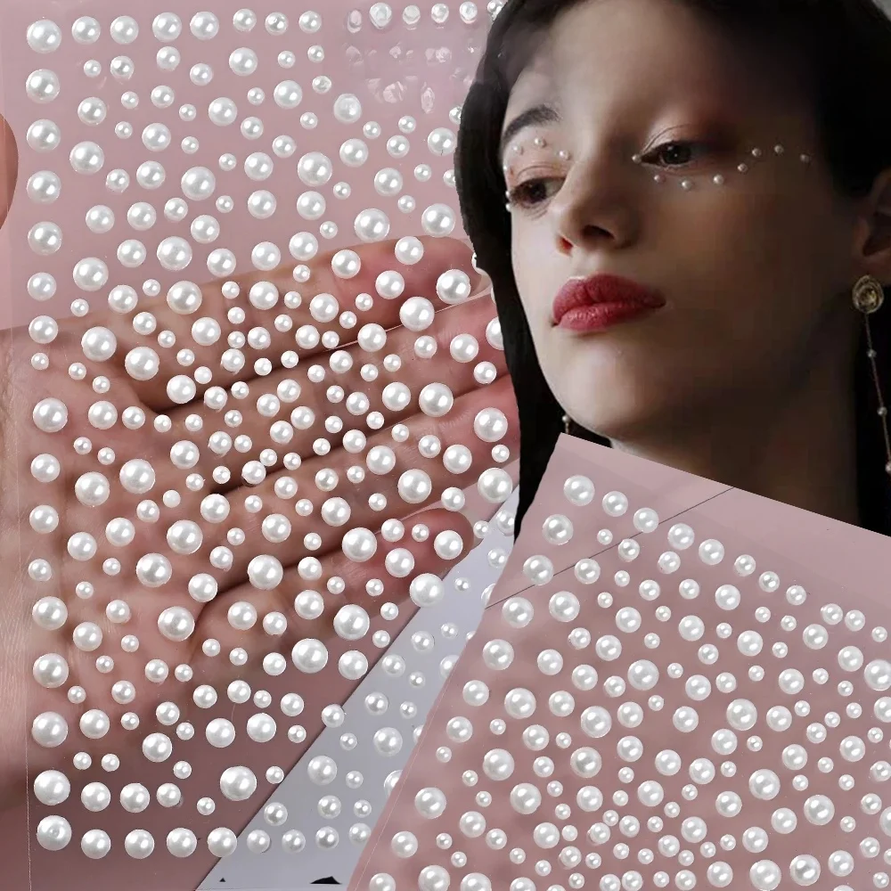162/288 pièces/feuille 3D yeux de perle blanche visage tatouage temporaire 3/4/5/6mm perle ronde strass décalcomanie adhésive perle corps curseur & *