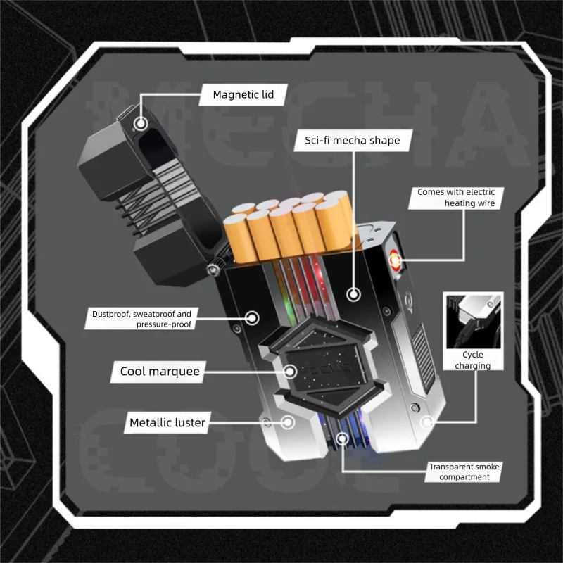 1 Mechanical Wind Multi-functional Cigarette Box, Type-C Rechargeable Lighter - Can Hold 10 Regular Cigarettes - Portable Cigare