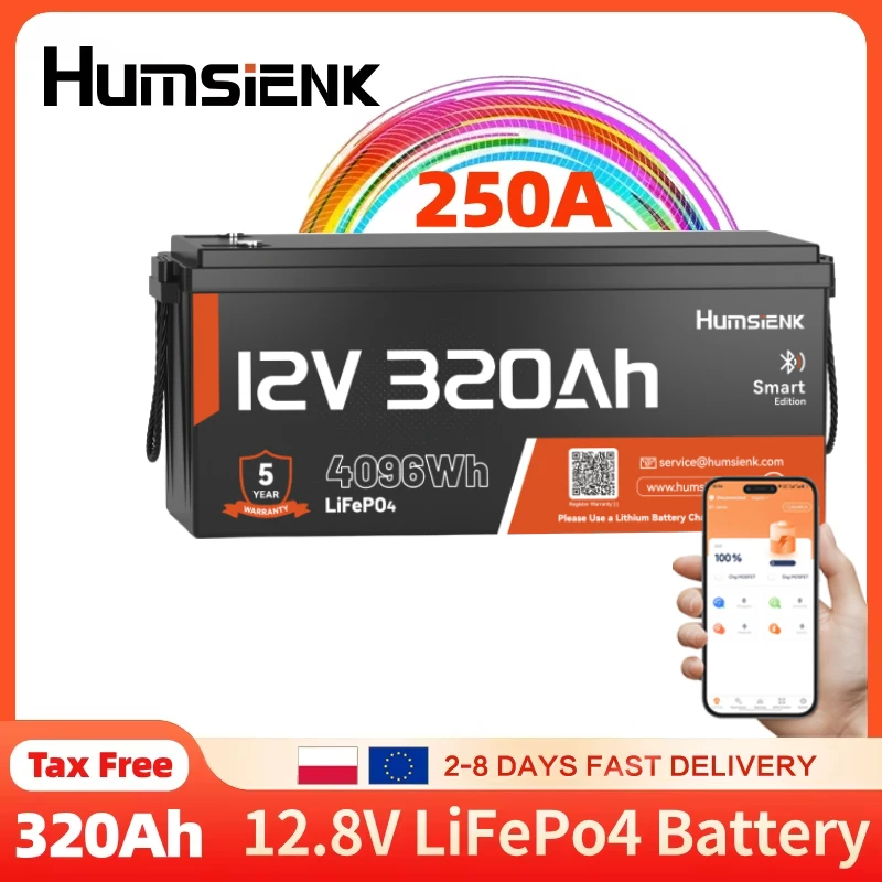 Batteria Humsienk LiFePO4 12V 300Ah con Bluetooth Bulit-in 250A BMS Alimentazione al litio per carrello da golf, camper, fuoristrada, casa, campeggio