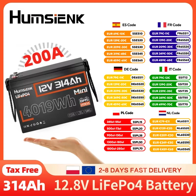 Batterie LiFePO4 Humsienk 12V 314AH 200A, format mini, rechargeable, cycle profond, idéale pour l'alimentation domestique/extérieure