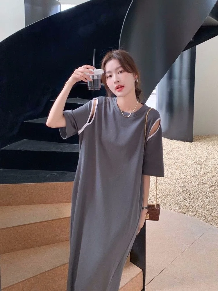 Women's Vintage O-Neck Short Sleeve T-Shirt Dress, Elegant Hollow Out Female Clothing, Medium Length, Loose, Fashion, 2024