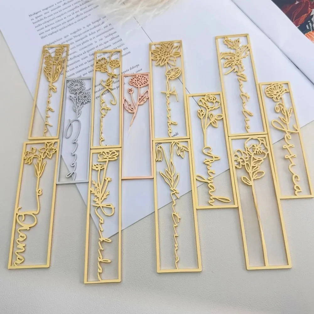 Marque-pages avec nom personnalisé, fleurs d'anniversaire personnalisées, marque-pages en acier inoxydable, bijoux pour étudiants, cadeaux d'anniversaire pour enfants