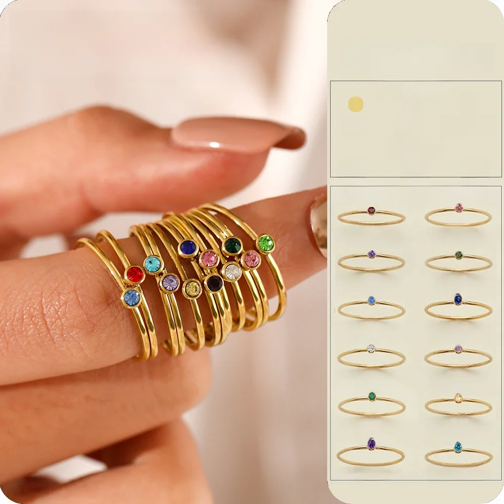 SUNIBI – bague en acier inoxydable avec pierre de naissance pour femme, couleur or, Style Simple, Festival, fête, bijoux à la mode, livraison directe
