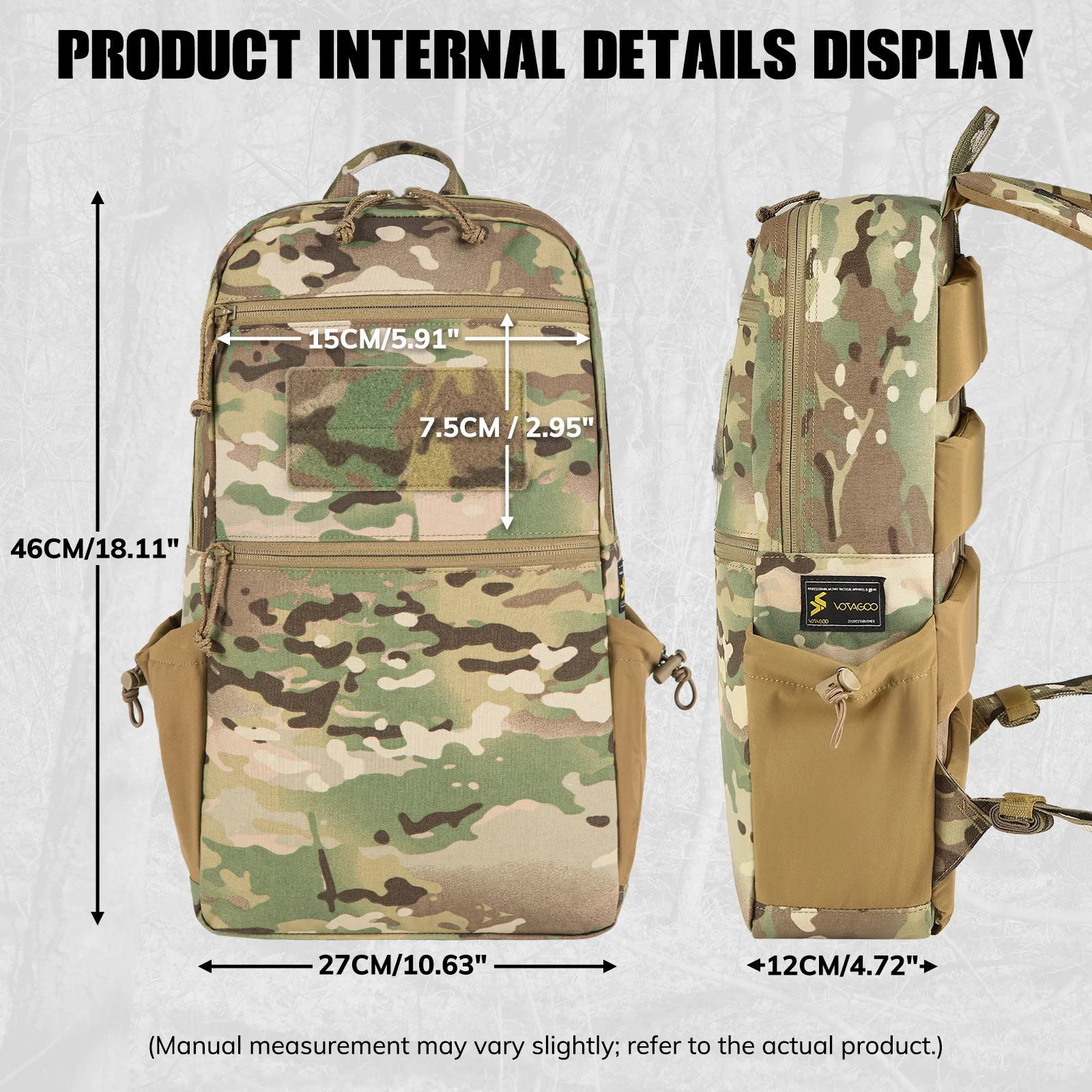 VOTAGOO 탄소 프레임이 포함된 전술 배낭, 15L 데이팟 500D 내구성 방수 팩(16인치 노트북 슬리브 포함)