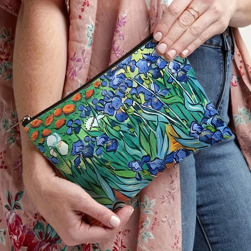 1Pc Van Gogh Iris Vintage Design Makeup Bag, Snack Storage Bag, Stationery Storage Bag, Stylish Toiletry Bag, Canvas Double-Sided Print, Multifunctional Travel Storage Bag