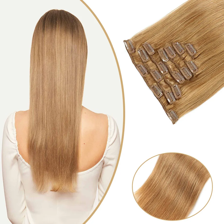 Clip-in Hair Extensions 100% Natural Real Remy Human Hair Brazilian Silky Straight Hair Extension Balayage Blonde Hair Extension