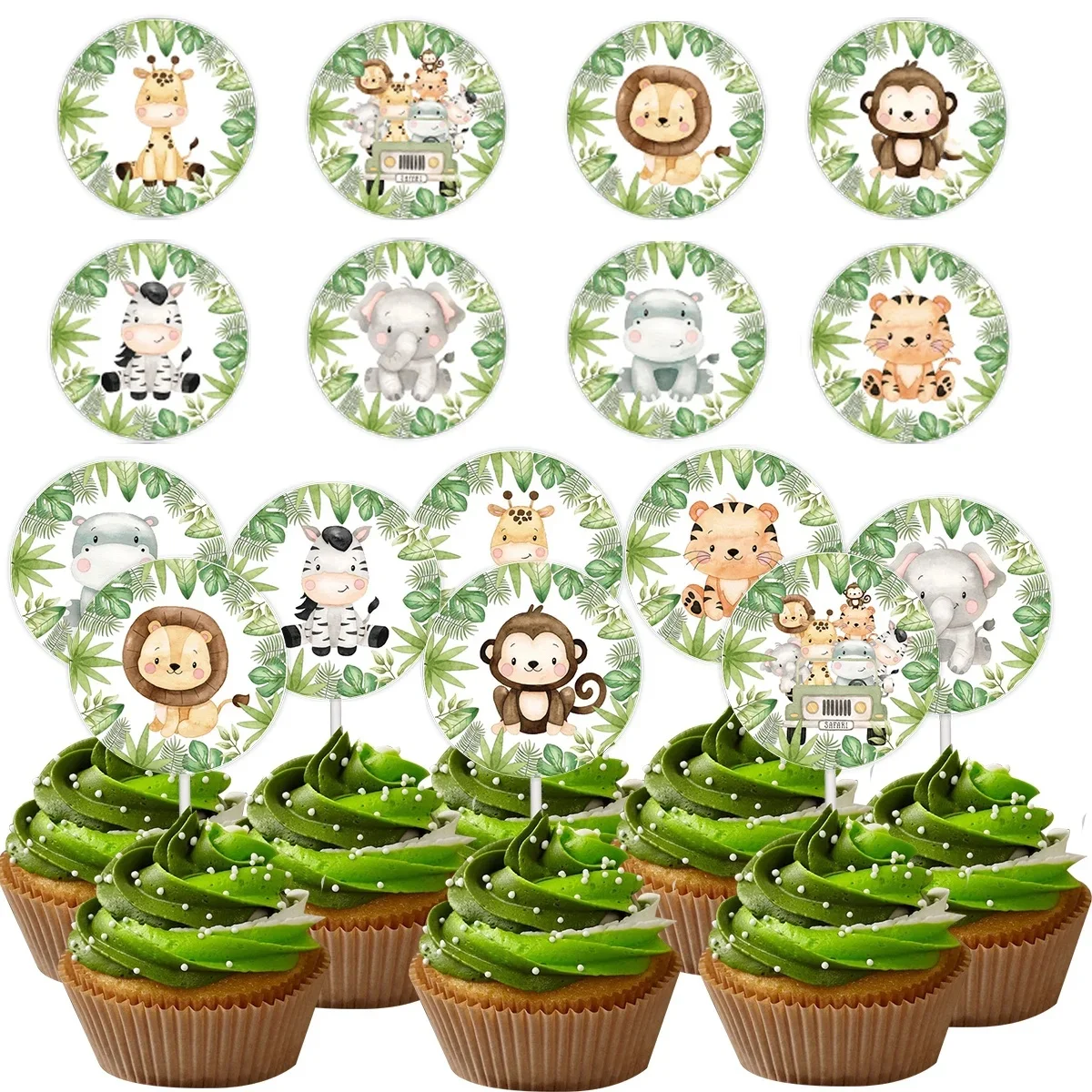 Décoration de gâteau Chi animaux de la jungle pour enfants, tigre, singe, rond, papier, forêt sauvage, fête d'anniversaire, bricolage, 16 pièces