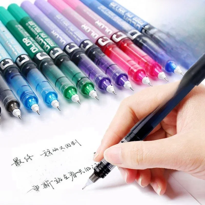 Stylos à Gel à rouleau liquide droit de grande capacité, 7 pièces/ensemble, 0.28/0.38/0.5mm, pointe d'aiguille, stylo à bille à encre colorée, papeterie scolaire et de bureau