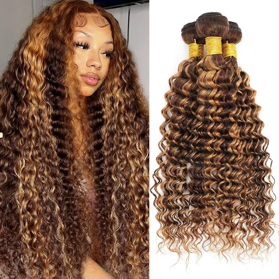 

4/27 Выделенные 100% пучки глубоких волн Бразильские девственные человеческие волосы Плетение пучков Наращивание плетения Медовый блондин Коричневый цвет