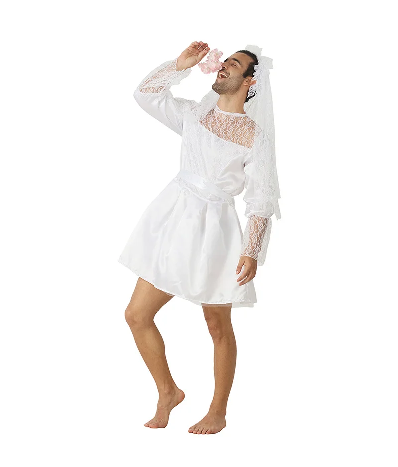 Mariée masculine drôle Cosplay Costume fête Halloween mascarade robe de mariée Spoof Cross-dressing femme rôle dentelle robe blanche