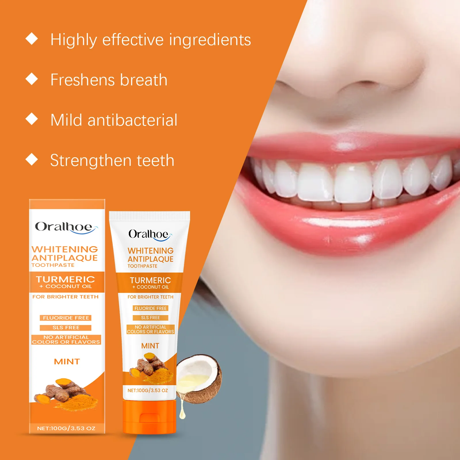 Oralhoe 50g cúrcuma dentes limpeza em pó remover mancha tártaro iluminar dentes amarelos hálito fresco dentes branqueamento creme dental