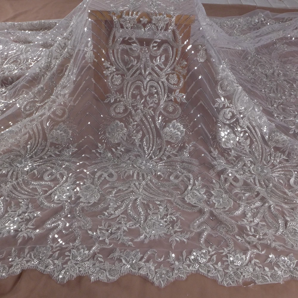 

HelluyerDC Silvery beading lace fabric,One Side patterns lace for fashion,wedding,evening,dance gown by the yard