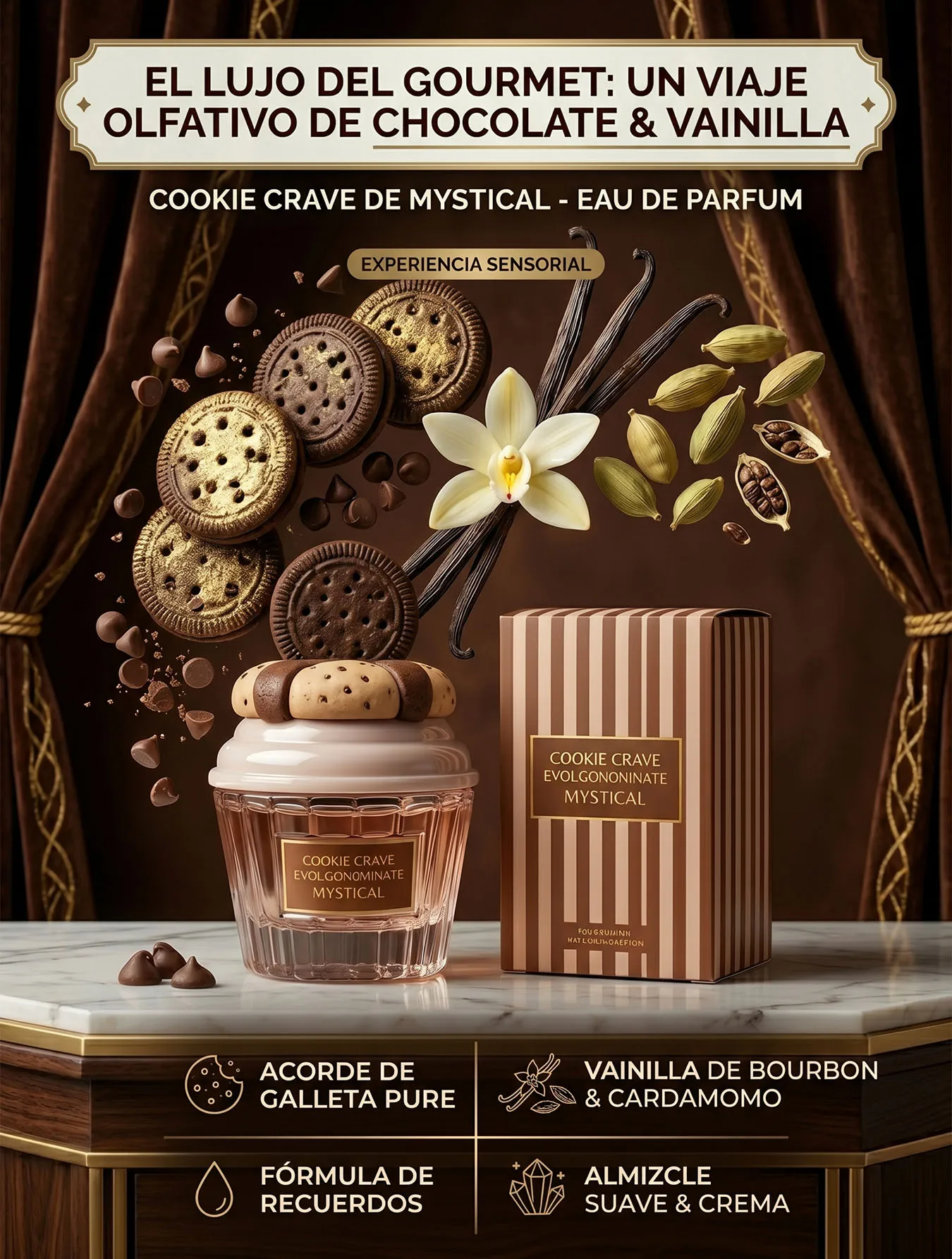 Perfume Cookie Crave Mystical 30ml Aroma Gourmet Galleta de Chocolate y Vainilla Bourbon Fragancia de Postre Dulce Duradera Eau de Parfum para Mujer Frasco de Pastelito Coleccionable Ideal para Regalo Coquette.