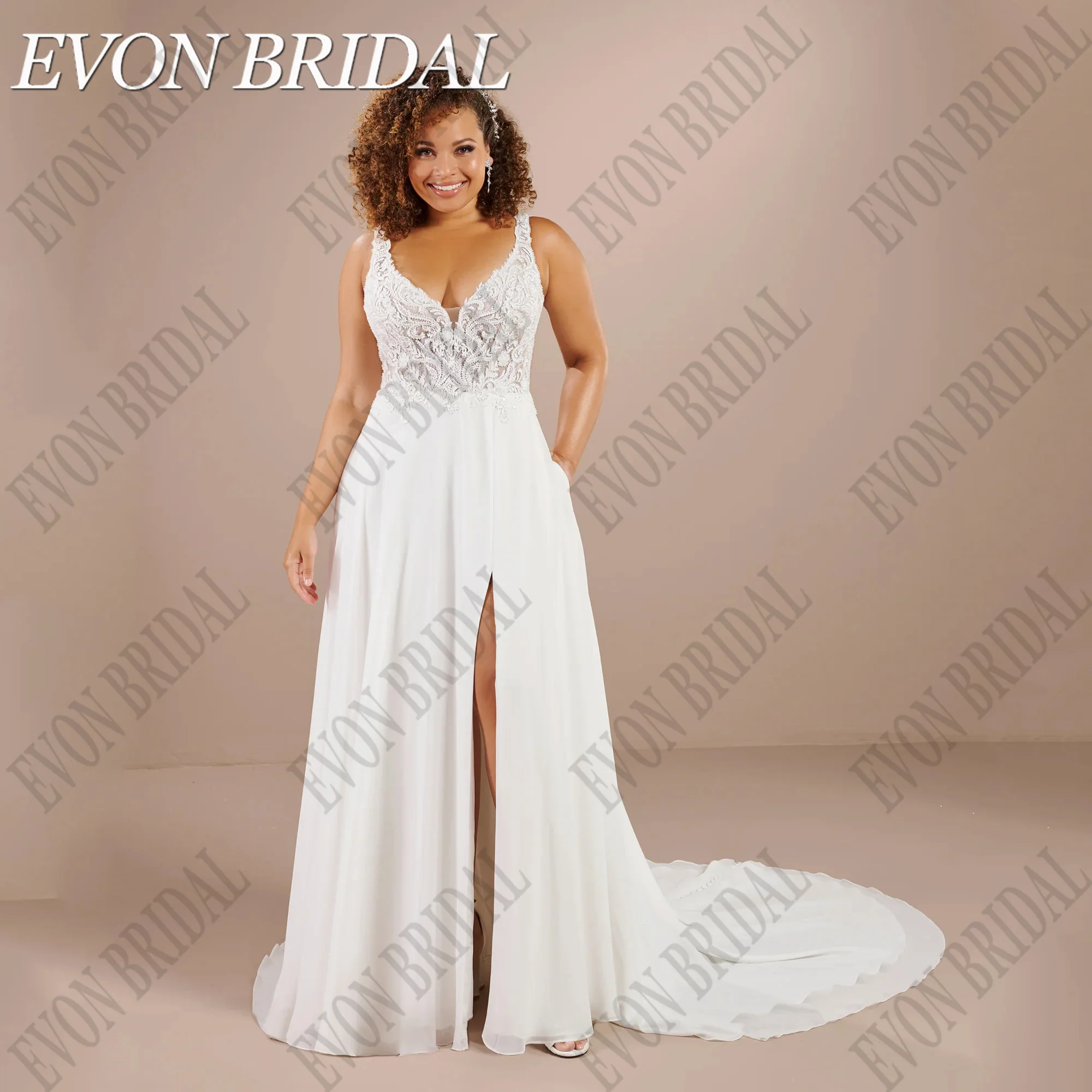 

EVON BRIDAL Lace Wedding Dress Plus Size V Neck Sleeveless Applique Side Split Bride Gowns Chiffon vestidos de novia Customized