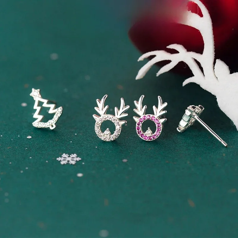 MODIAN New Animal Plant Asymmetry Stud Earring dla kobiet 925 Sterling Silver Christmas Tree Elk Pattern Ear Pin Fine Jewelry — zdjęcie 2