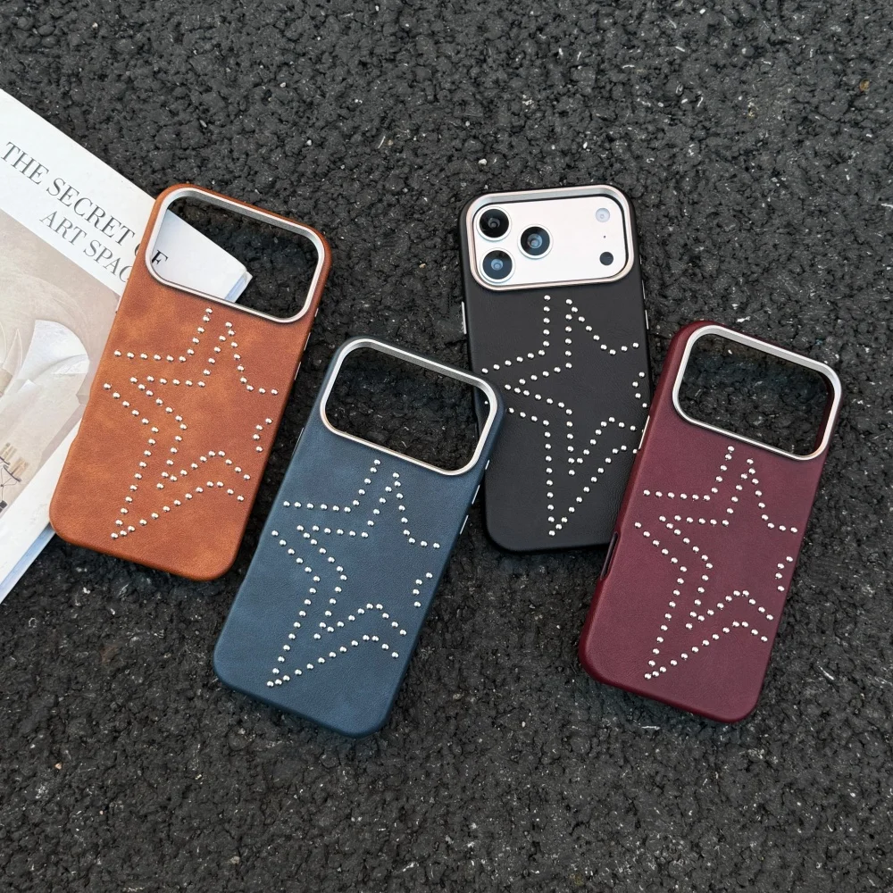 New Fashion Rivet Star Phone Case for iPhone 17 Pro 16 Max 15 16 17 Pro Max, 15 Pro, Y2K Luxury Leather Shockproof Cover Vintage