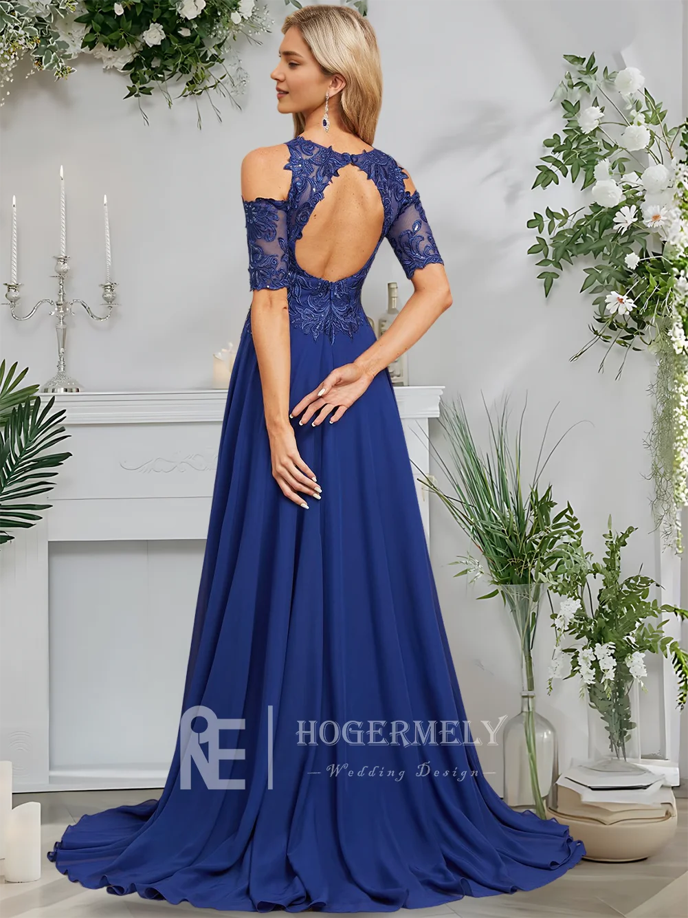 

A Evening Dress Royal Blue A-Line Cold Shoulder Scoop Chiffon Lace Prom Dress Sweep Train 1/2 Sleeve Formal Wedding Party Guest