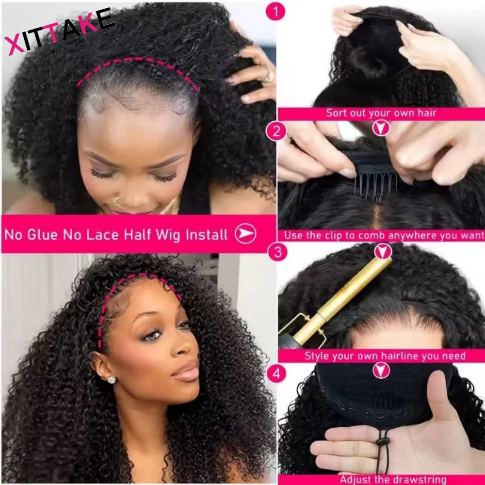 Glueless Kinky Curly Half Wigs Human Hair Beginner Friendly Upgrade Wear & Go Wigs With Drawstring Seamless Clip Ins Flip Over