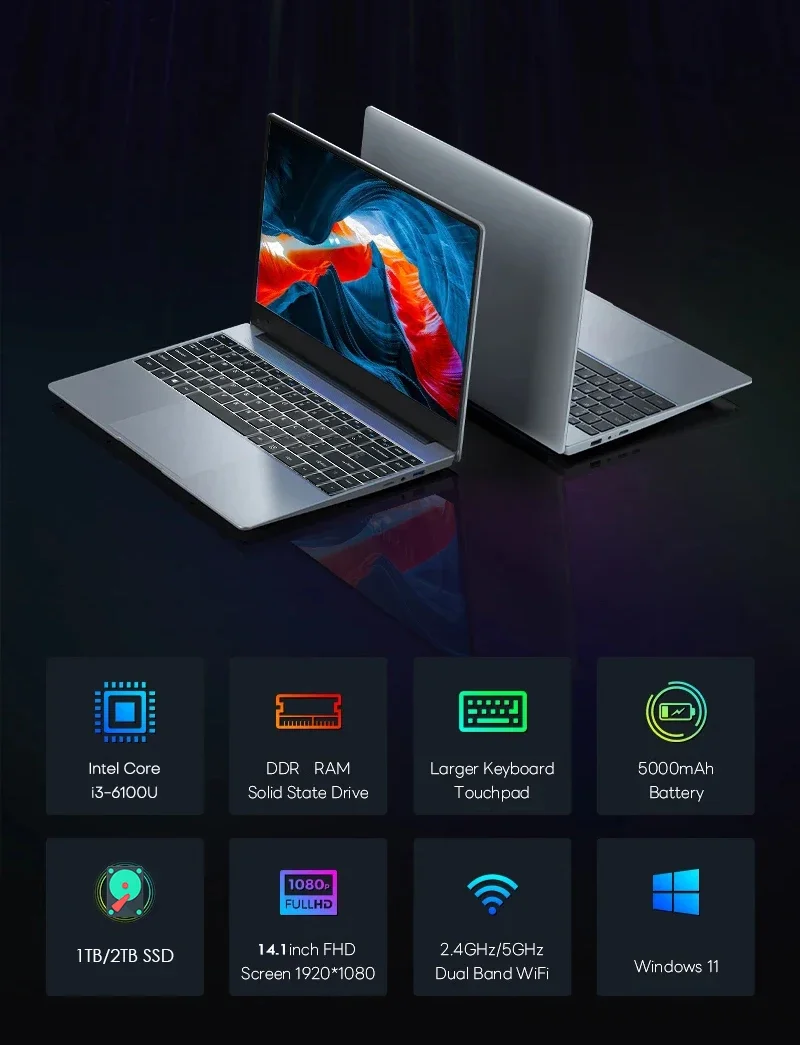 Xiaman Business 2026 NEW 14.1'' Laptop Computer Intel Core i3 6100U Windows 11 16GB RAM 1TB 2TB SSD PC Computer FHD Display Laptop For Office Study Notebook PC