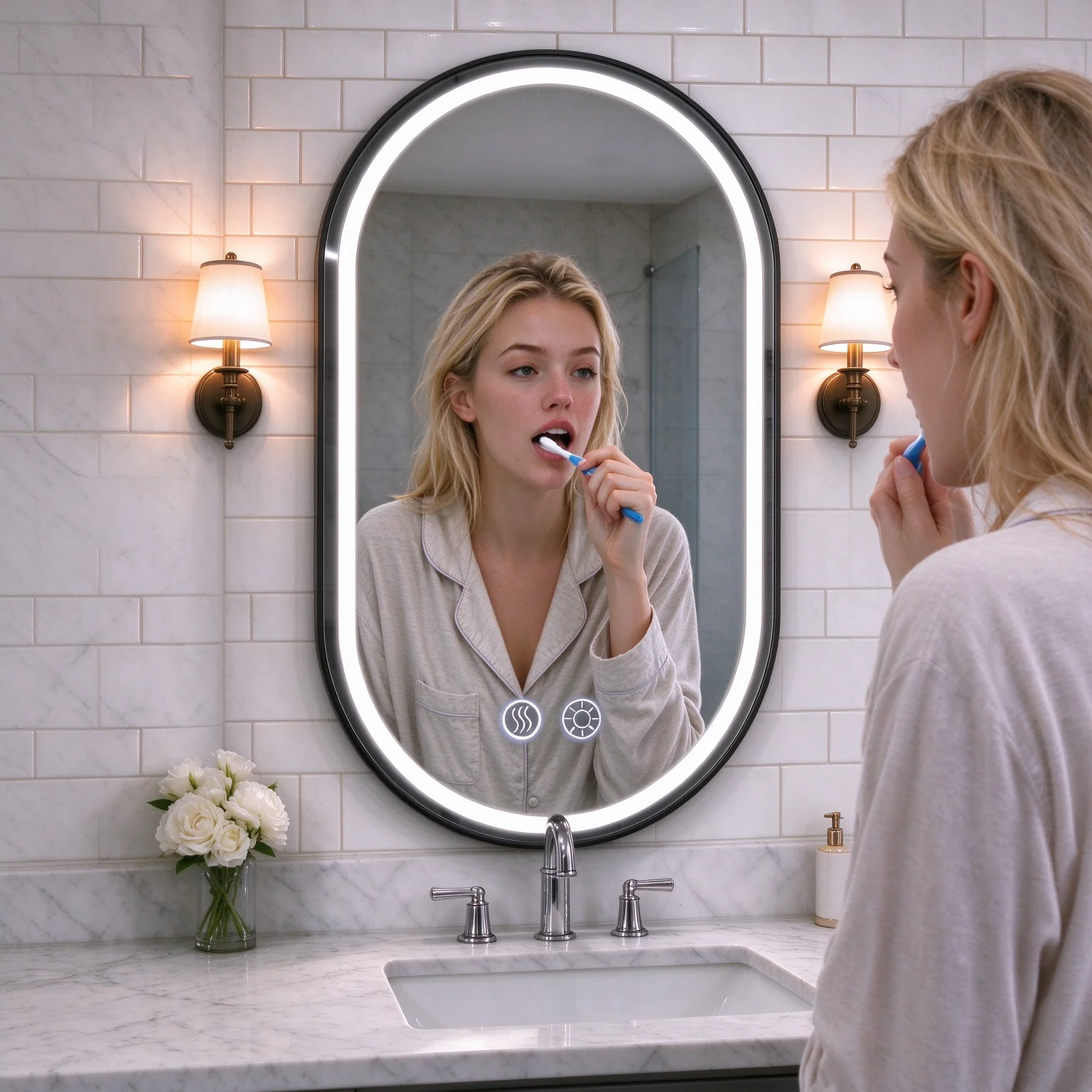Oval LED Bathroom Mirror Wall Mounted, Touch Control Anti-Fog Lighted Vanity Mirror, Long Press Dimmable Brightness, Smart Makeup Mirror for Bathroom & Bedroom Decor