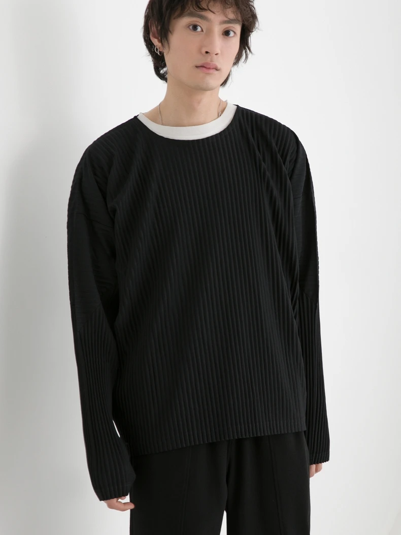 Miyake Shirt Long Sleeve T Shirt Casual Loose T-shirts Round Collar Men's Top Miyake Pleated