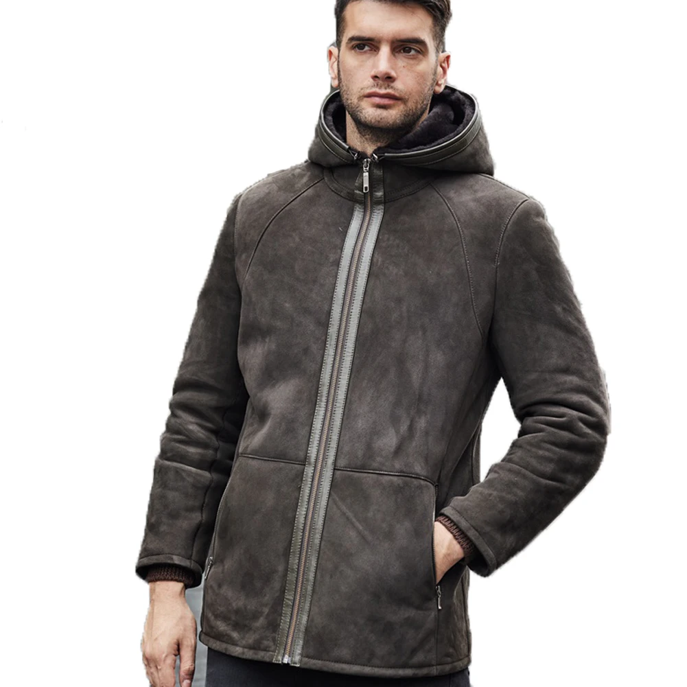 

Denny&Dora Mens Shearling Jacket Hooded Warm Winter Jacket Suede Mid-Length Sheepskin Coat