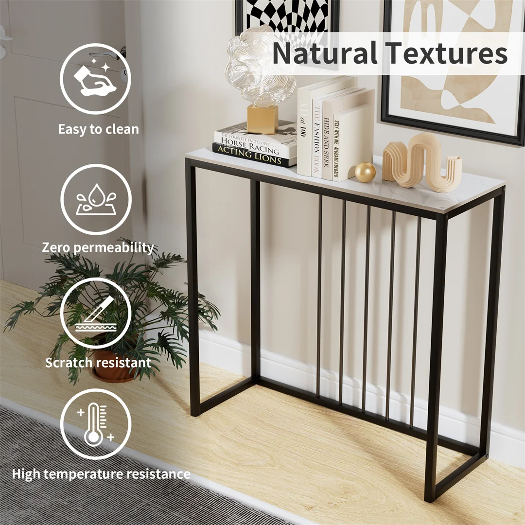 Sintered Stone Console Table Narrow Entryway Table with Black Metal Frame for Hallway Foyer Living Room Behind Sofa