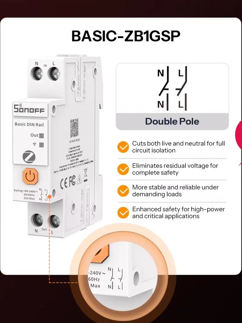 SONOFF BASIC-ZB1GSP Zigbee Intelligenter Hutschienenschalter mit 32 A Hochleistungs-Zweipol-Schaltung, Energieverfolgung und Überlastschutz