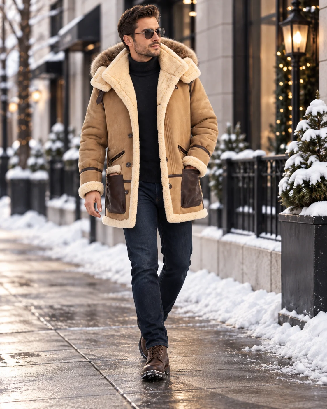 Denny&Dora Men's Sheepskin Shearling Jacket Hooded Leather Coat with Fur Collar