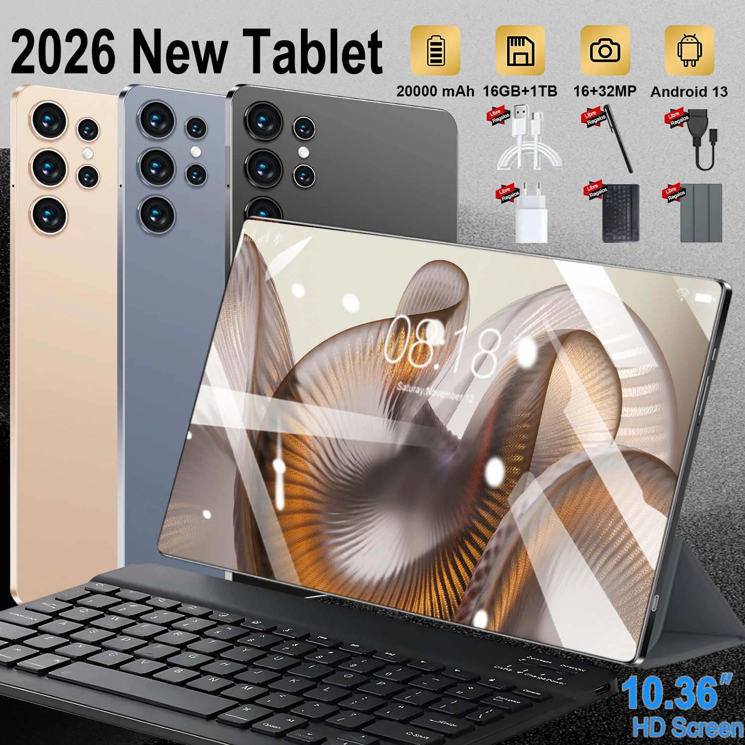 Nueva Tablet Android PROS23 NewPad 2026 de 10.36 Pulgadas, 5G, 14 Núcleos, 16GB+1TB, 20000mAh, para Juegos, 16MP+32MP, WIFI, Bluetooth, GPS, Doble SIM