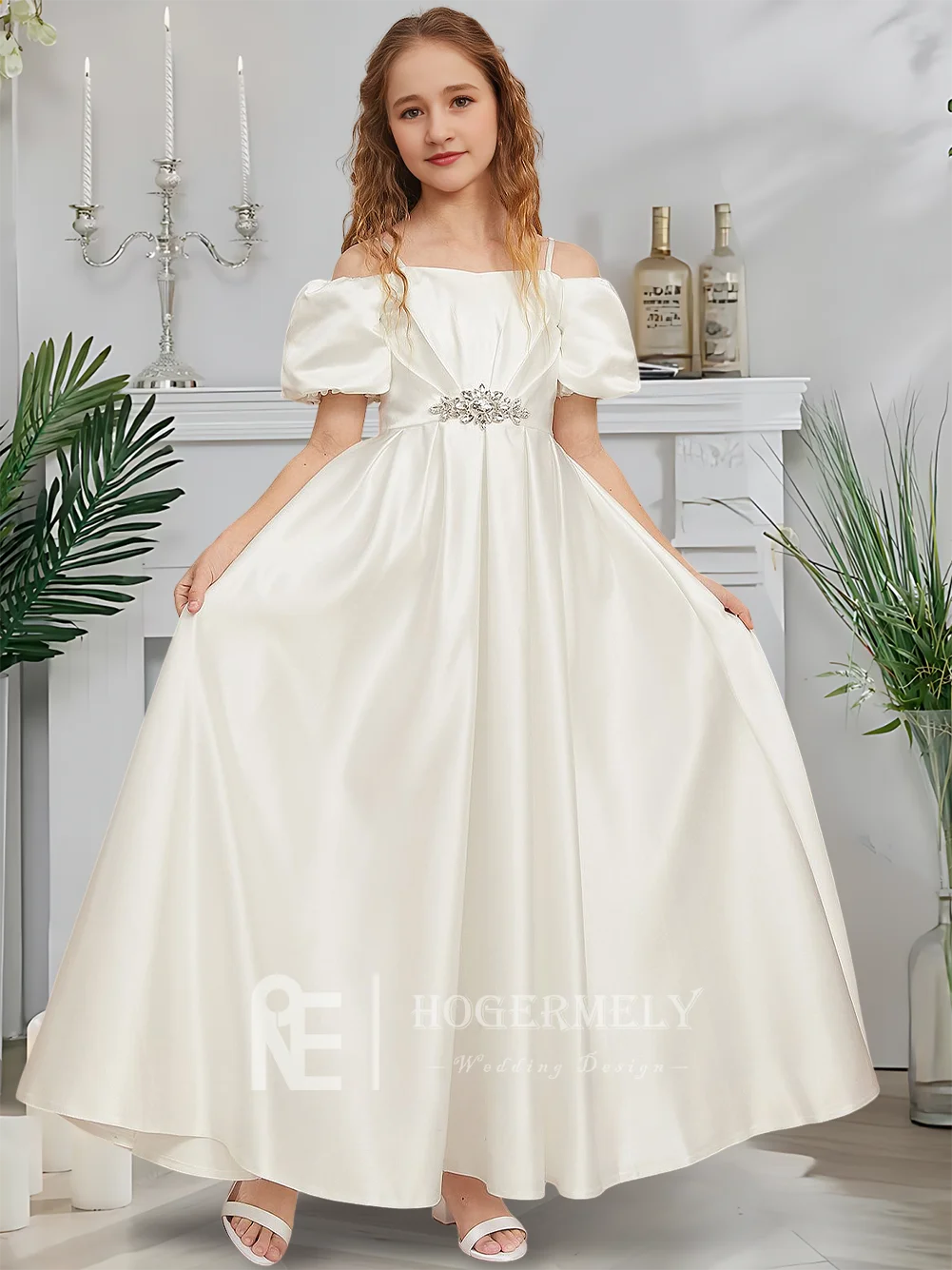 GDH Designer Ball-Gown Junior Bridesmaid Dress Misty Ivory Flower Girl Dress Cold Shoulder Floor-Length Satin Rhinestone Gala