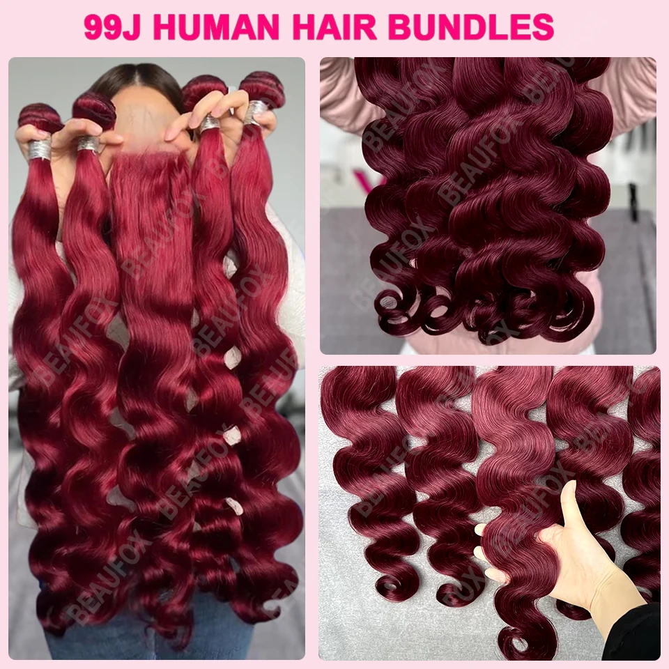 Beaufox 99J Burgundy Body Wave Bundles Human Hair Brazilian Human Hair Bundles Body Wave1/3/4 Hair Bundles Deal Human Hair 30”