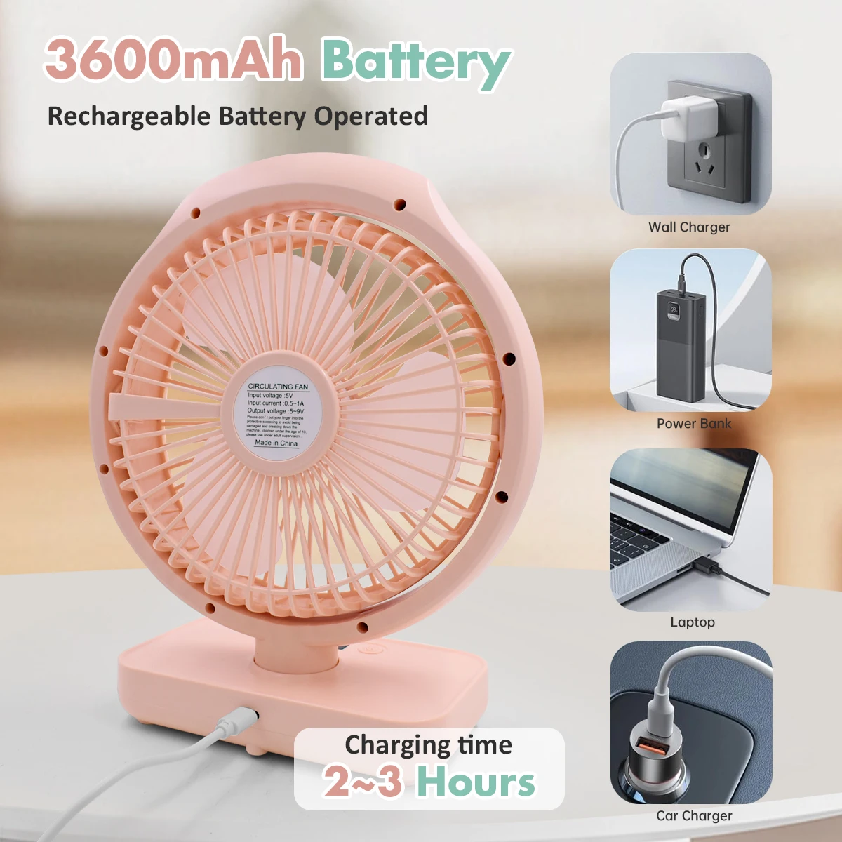 Kipas lampu Pink, lampu pencahayaan rotasi 240 ° USB portabel 4 mode kipas listrik musim panas malam anak-anak kerja rumah kamar tidur membaca Desktop