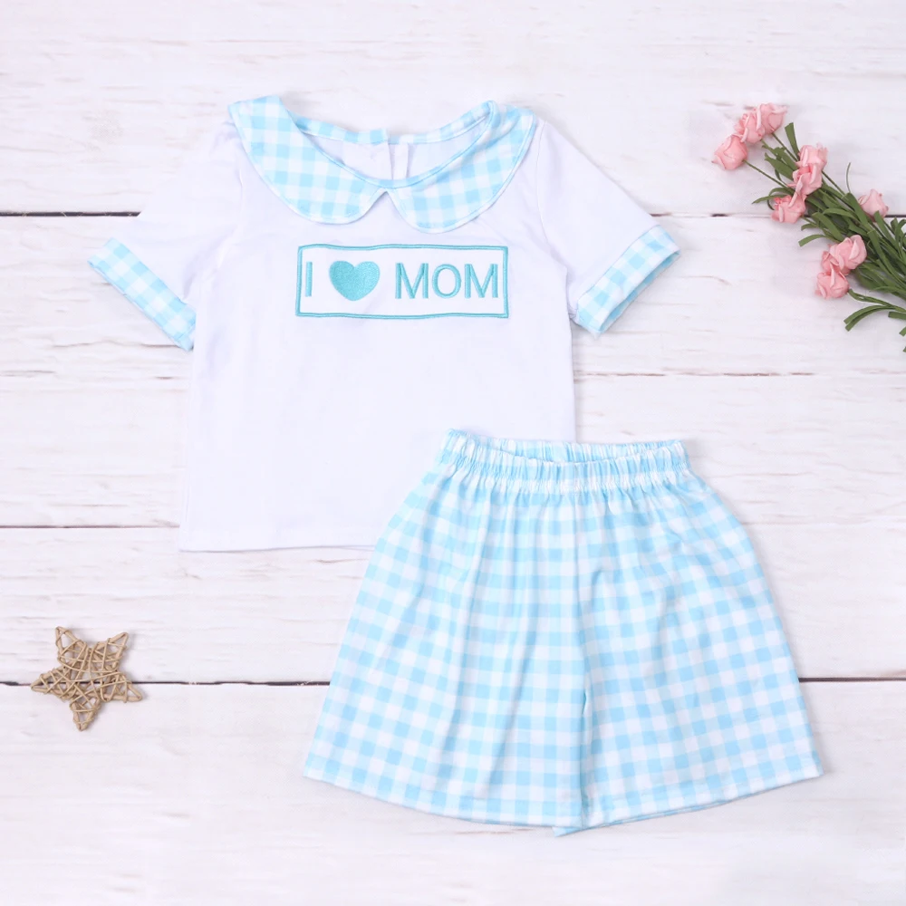 

Baby New Cotton Short Sleeved Blue T-shirt Set Round Neck I Love Mom Embroidery Boy Top Clothes And Blue Lattice Shorts Suit