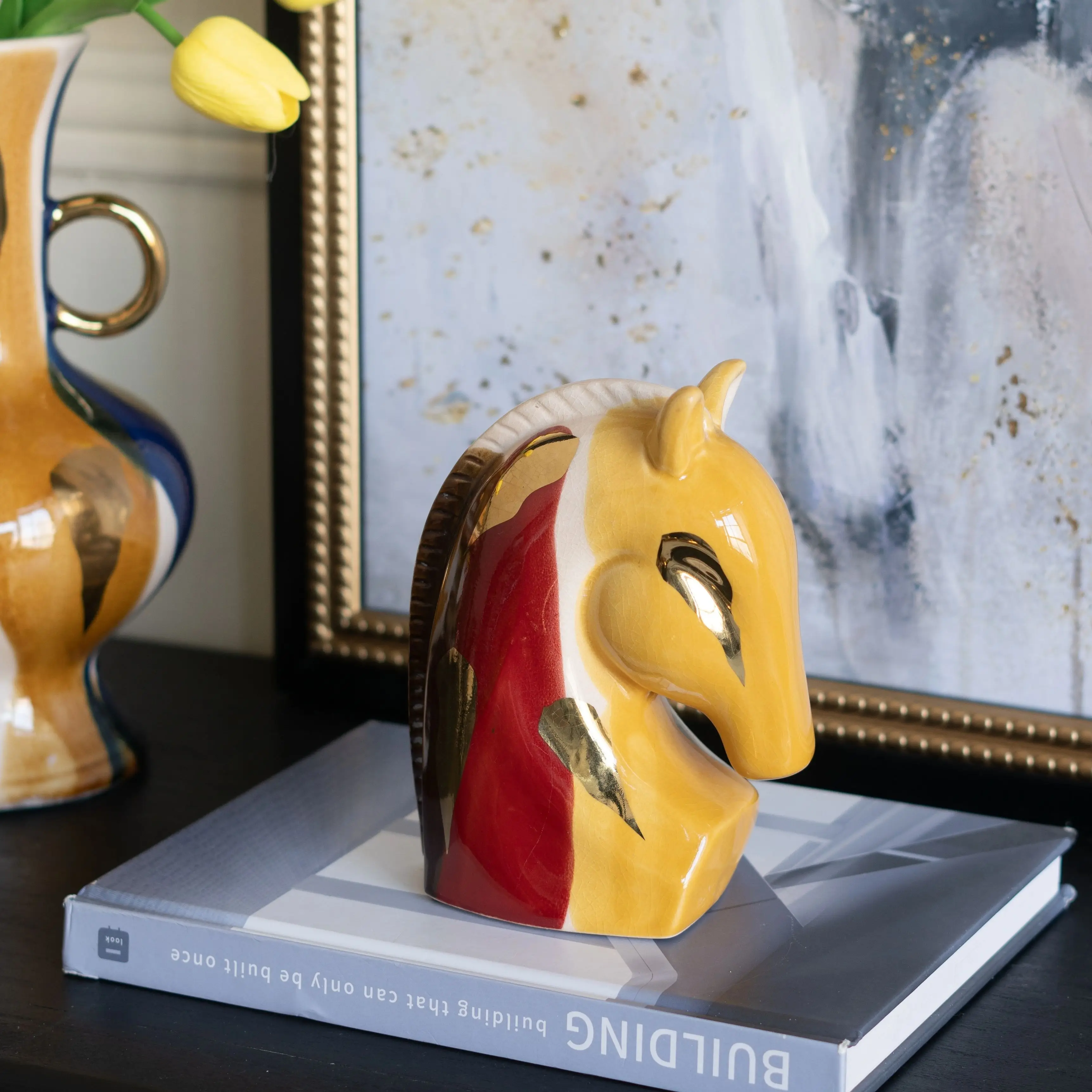 

Керамическая скульптура головы лошади 5.7x3.1x7.1 дюйма с абстрактной разноцветной отделкой, сделанная на заказ