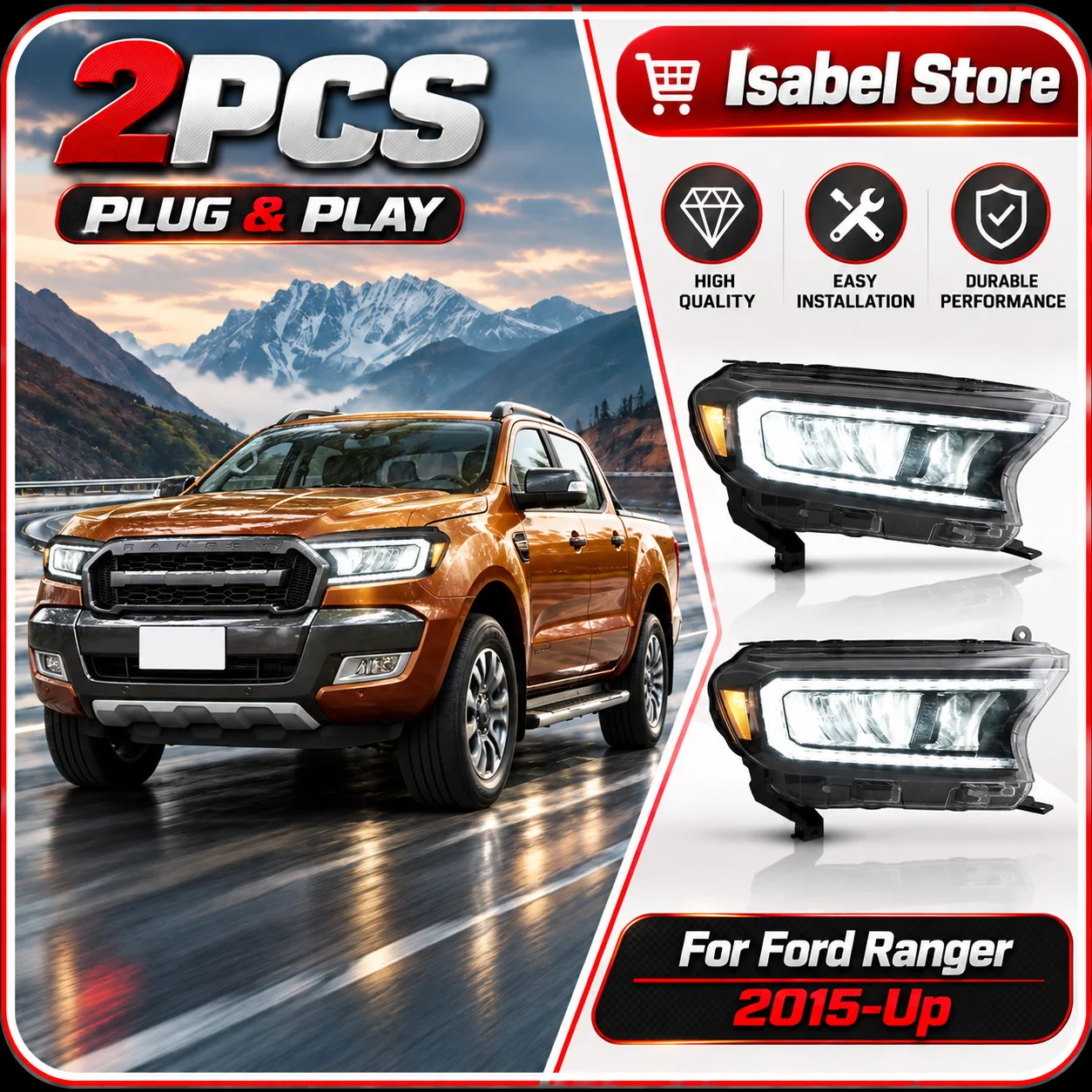 2 Stück LED-Scheinwerfer-Set für Ford Ranger 2015‑Up DRL Sequenzieller Blinker Projektor Plug‑Play Frontscheinwerfer Autozubehör