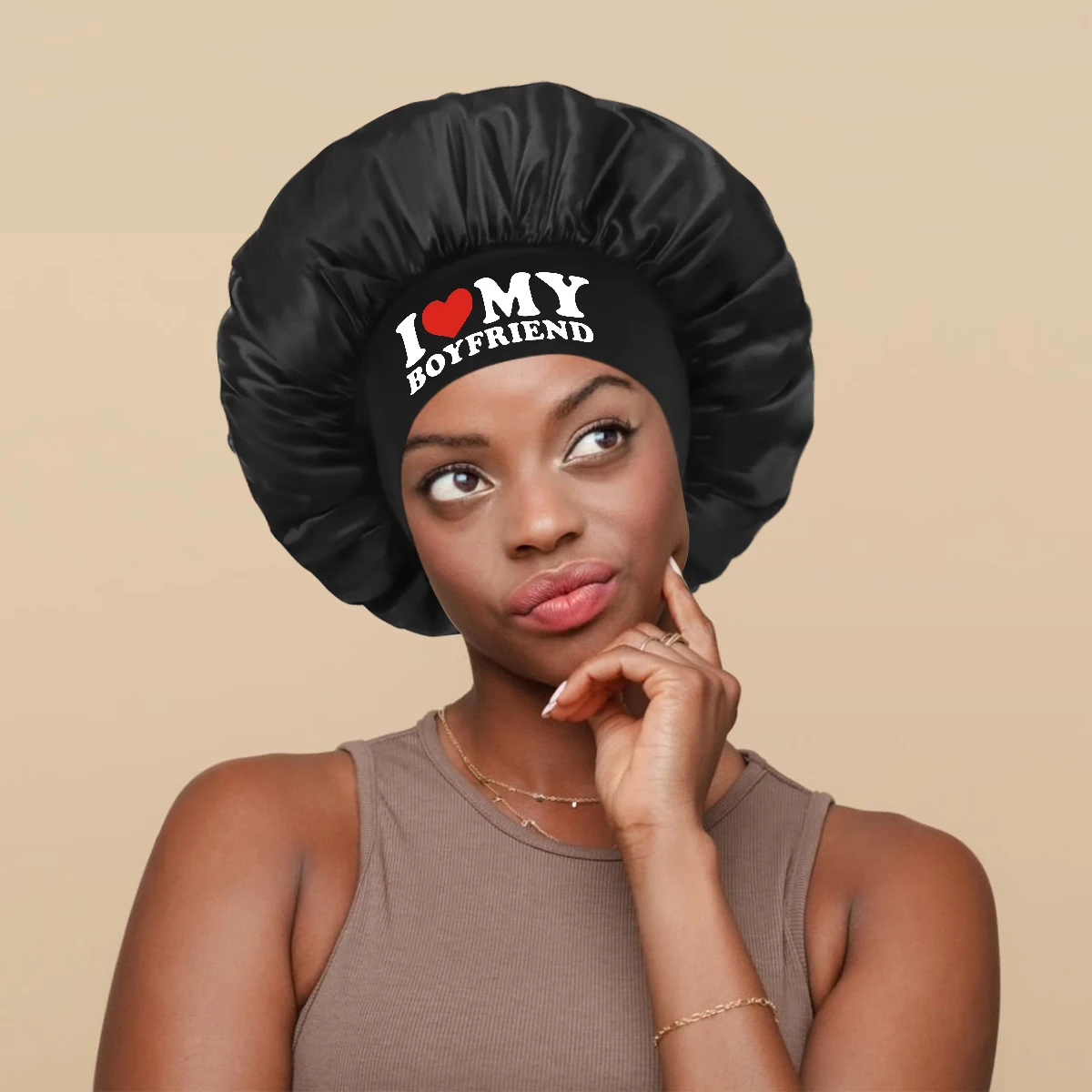 Printed I Love My Girlfriend\' & \'I Love My Boyfriend Satin Sleep Cap with Elastic Wide Band Couples Bonnet