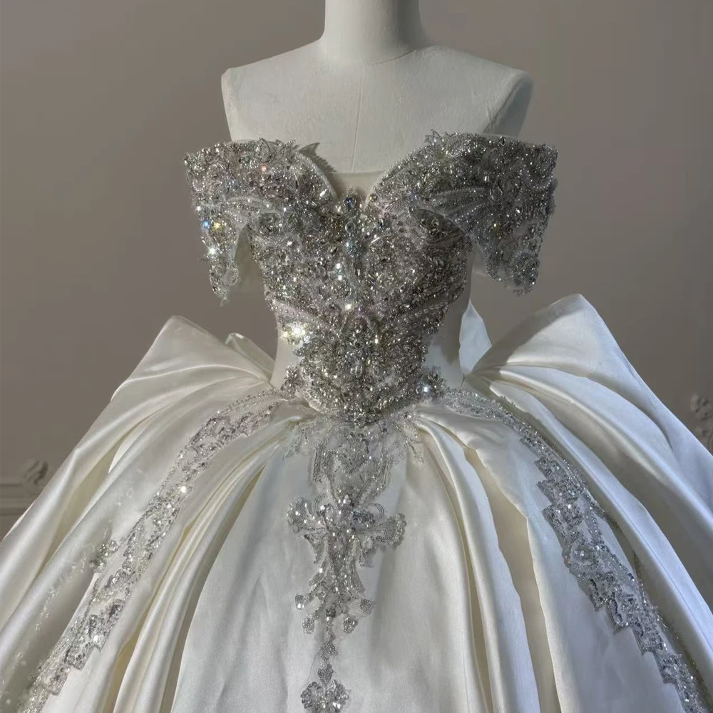 Satin Ball Gown Wedding Dresses Luxury 2026 Bride Crystal Beading Off The Shoulder Vestido De Novia Princesa