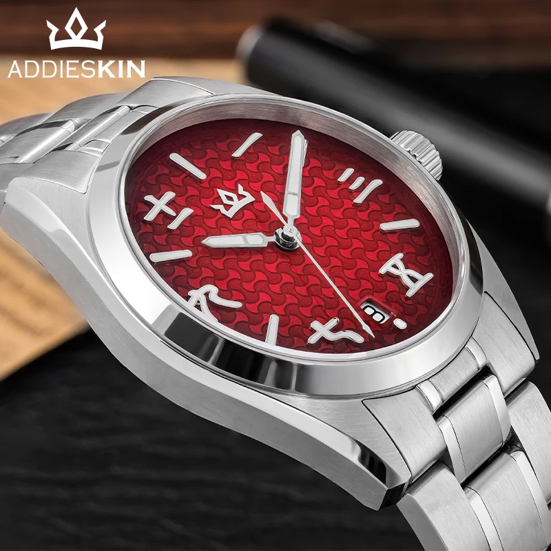 Addieskin K011 Luxury Men Mechanical Watch Red Dial Miyota 9015 Automatic Movement Chinese Yuanbao Pattern Seal Script Numerals