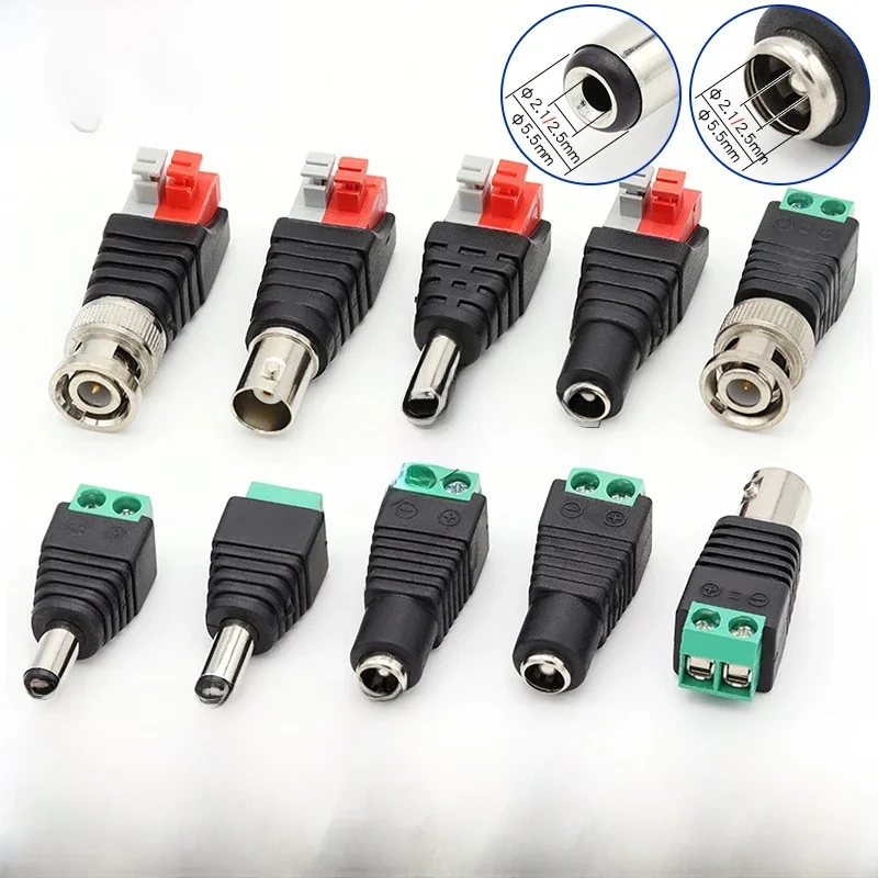 Connecteurs BNC mâles et femelles DC 12V, 5.5x2.1mm/2.5mm, adaptateur de prise d'alimentation sans soudure, prises Jack pour caméra CCTV LED, 2/5/10 pièces