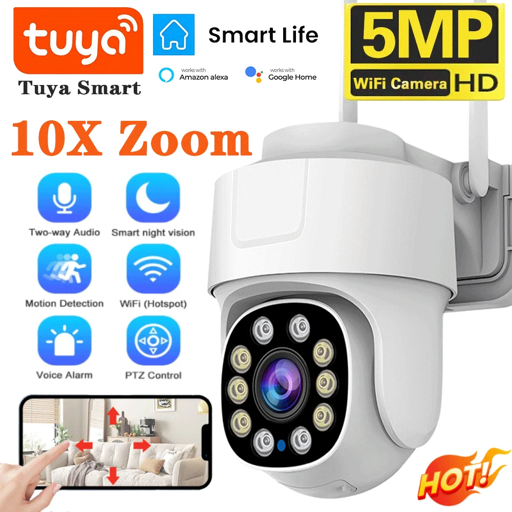 

10X PTZ Zoom Wifi Camera Tuya Smart Outdoor Home Security Video Surveillance 5MP Wireless IP Cameras AI Automatic Human Tracking