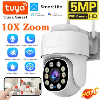 Telecamera Wifi con zoom PTZ 10X Tuya Smart Outdoor Home Security Video sorveglianza Telecamere IP wireless da 5 MP Monitoraggio umano automatico AI