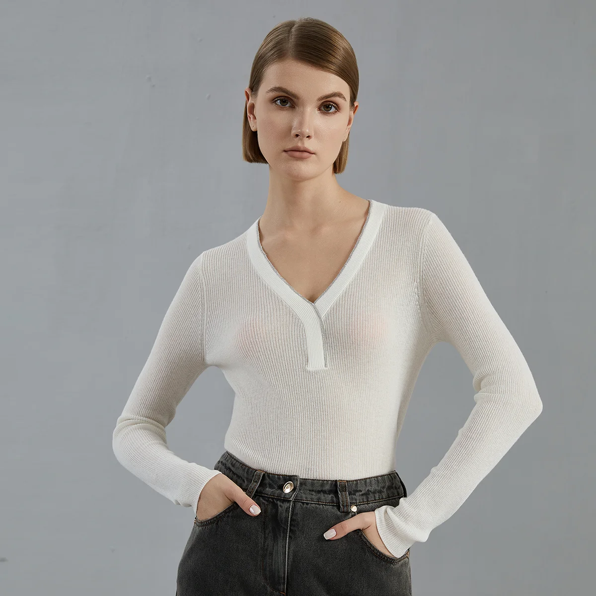 

BC691 Women's Premium Wool Blend Sweater Lightweight Fine Knit V-Neck Long Sleeve Top for Casual Wear