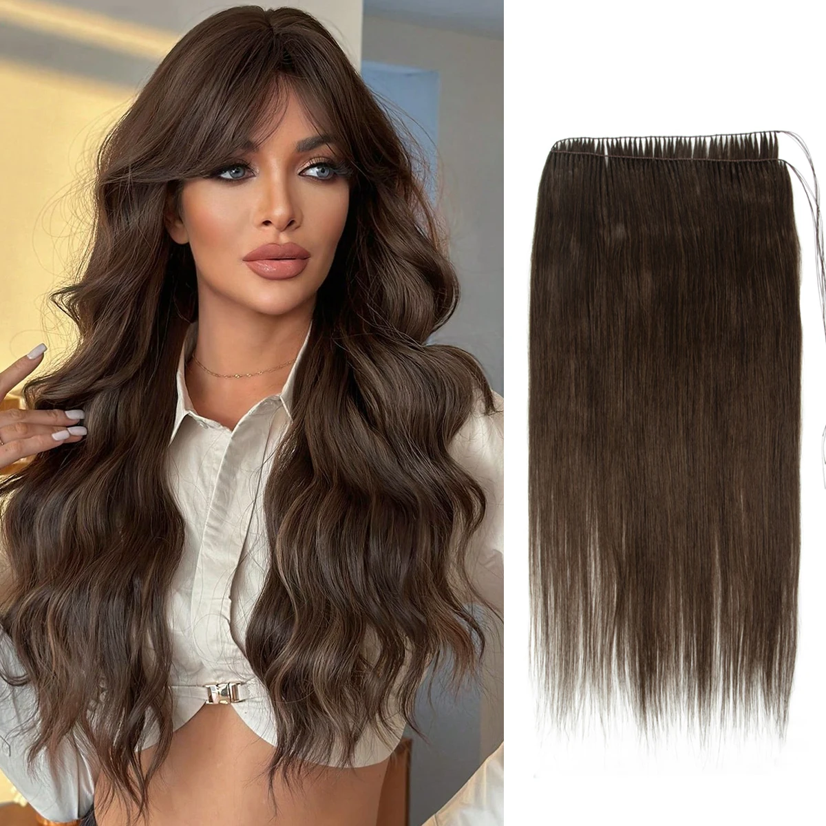 

Feather Hair Bundles Extensions Natural Fish Line Human Hair Non-Remy Invisible Micro rings Hair Extension Weft 100 strands