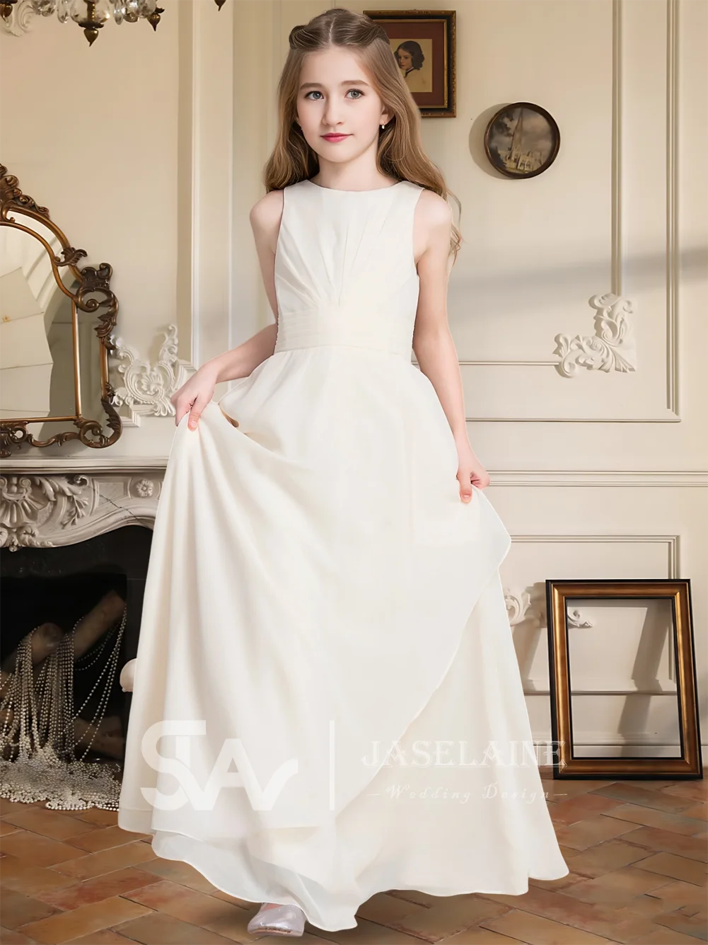 B アイボリー A ライン マキシレングス シフォン ジュニア ブライズメイド ドレス カスケード フリル付き ガールズ フォーマル パーティー オケージョン フラワー ガール ドレス