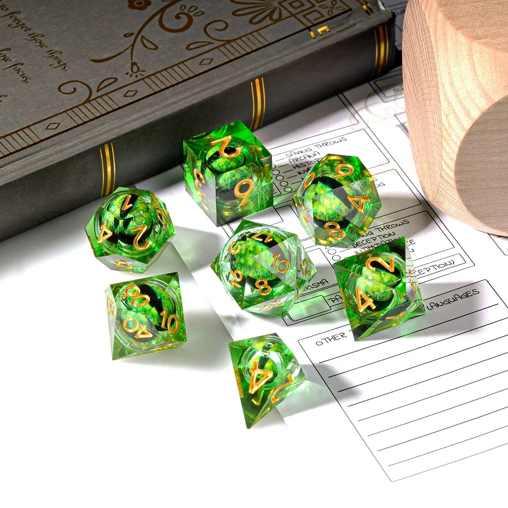 7pcs Green Liquid Core DND Dice Set Resin Dice For D&D Dice with Velvet Bag Dungeons and Dragon Game D4 D6 D8 D12 D20