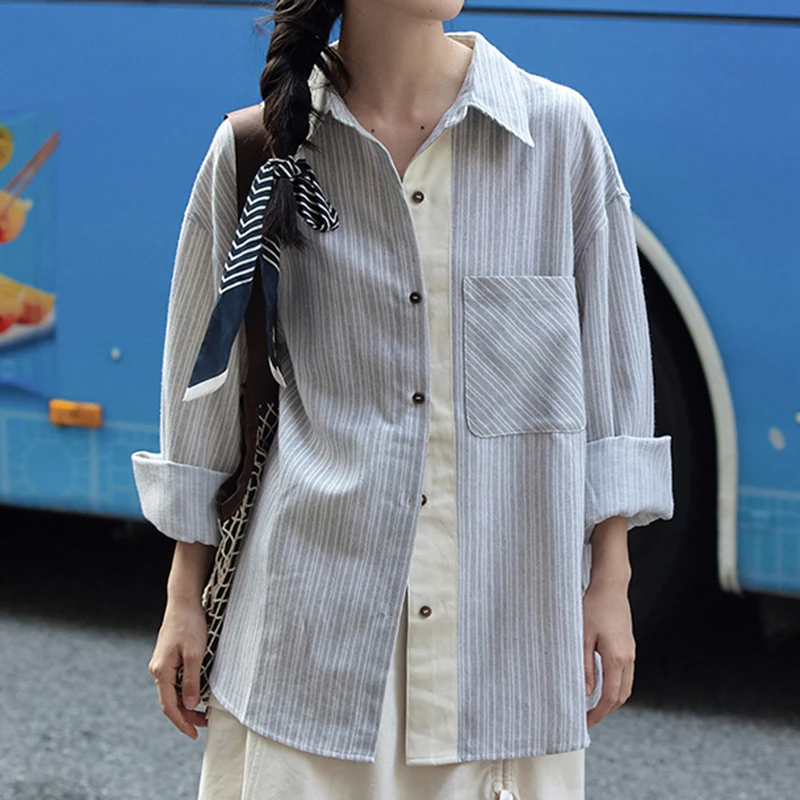 

Women's Blue Striped Patchwork Shirt Y2k 2000s Daily Korean Harajuku Preppy Style Loose Straight-Top Simple Fashionable Shirt