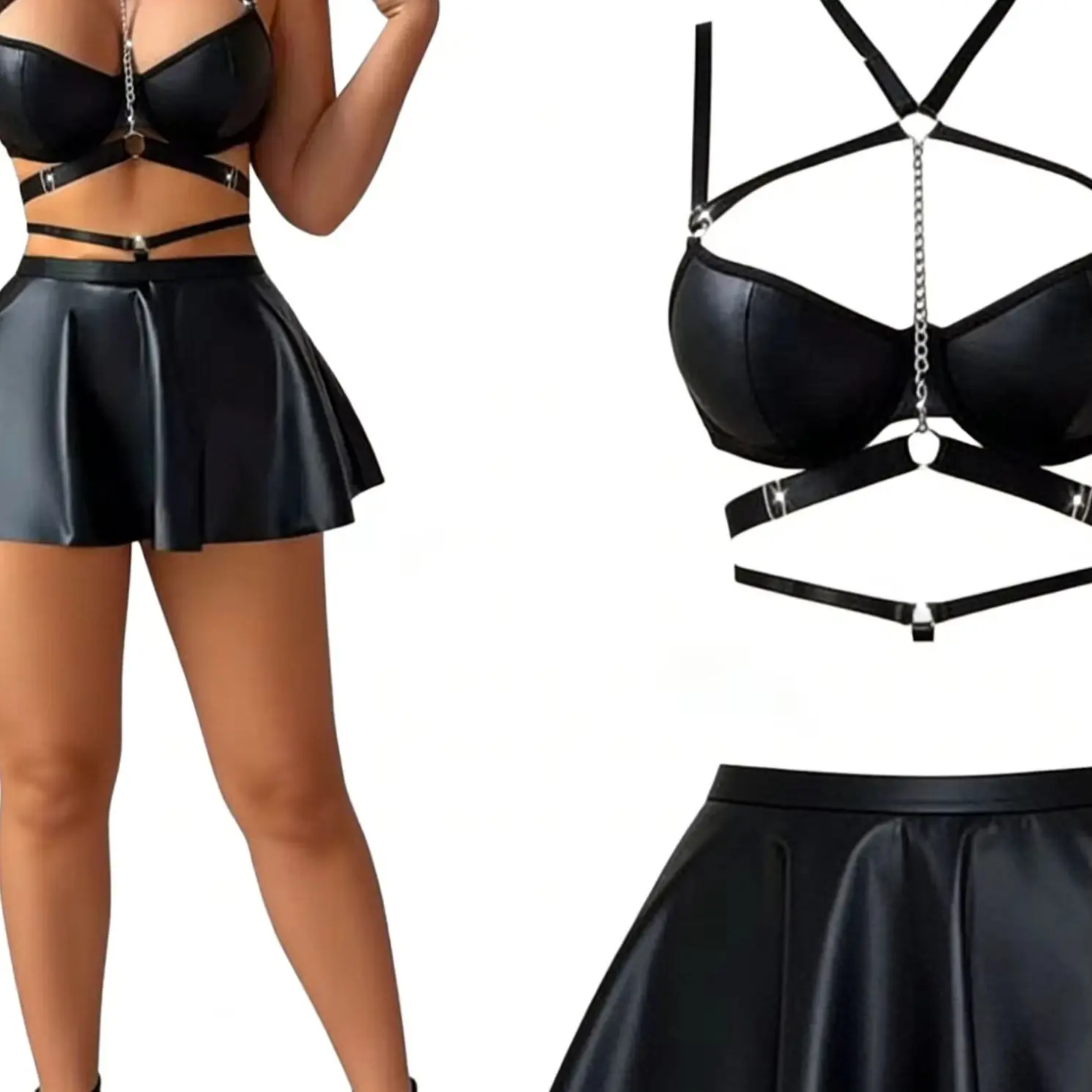 

Комплект сексуального нижнего белья: кожаный топ-камизоль с металлическими цепочками и вставками, облегающий крой